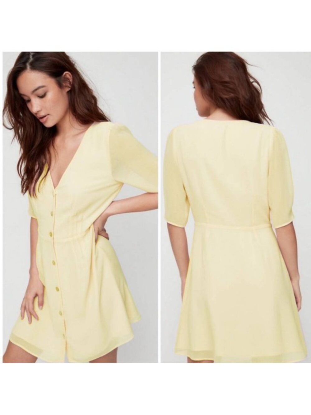 Aritzia Wilfred Freya Chiffon Button Down Dress Short Sleeve Yellow Midi Size